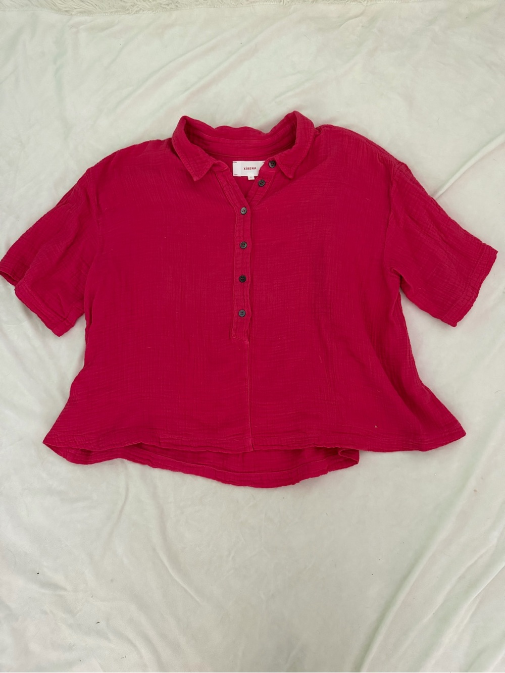 Women's Button-Front Short Sleeve Top - Hot Pink
